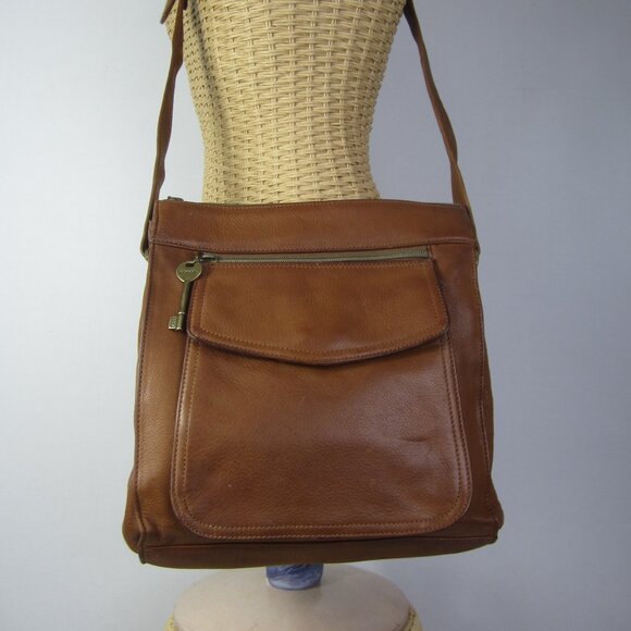 FOSSIL Women Large Brown Leather Organizer Crossbody Shoulder Bag Brass Hardware - Picture 2 of 15